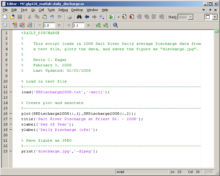 matlab comment new script file